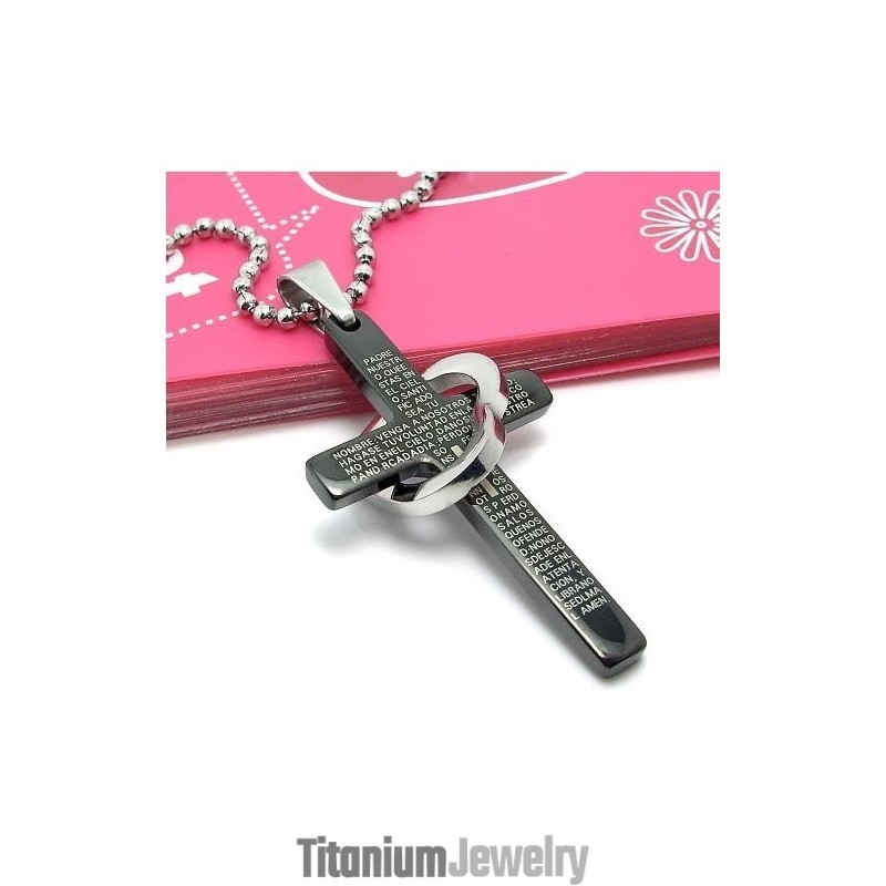 תליון שרשרת פלדת טיטניום שחורה בצורת לב של Cool Man עם צלב תנ"ך (חדש)