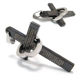 תליון שרשרת פלדת טיטניום שחורה בצורת לב של Cool Man עם צלב תנ"ך (חדש)