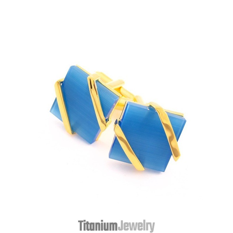 חפתים מצופים טיטניום וזהב עם אגת בצבע תכלת
