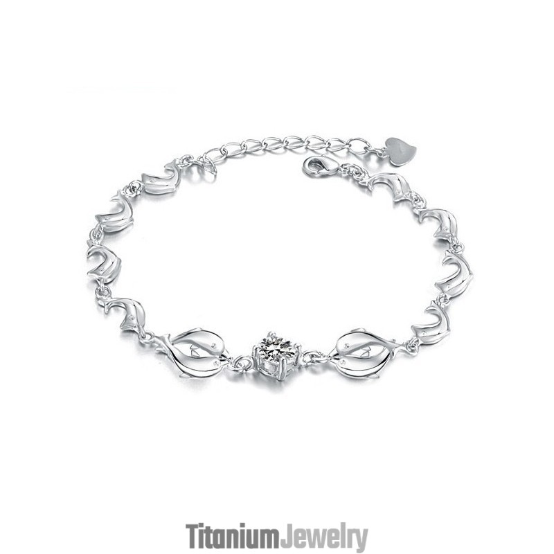 צמיד טיטניום בצורת דולפין מצופה פלטינה ועמיד לשימוש לנשים עם יהלומים