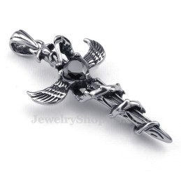 שרשרת תליון צלב מטיטניום עם כנפי חרב זירקון שחורה (שרשרת חינם)