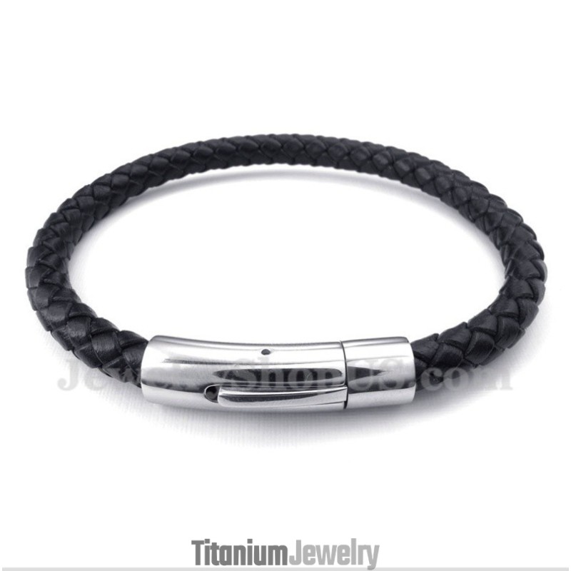 צמיד עור שחור טיטניום לגברים