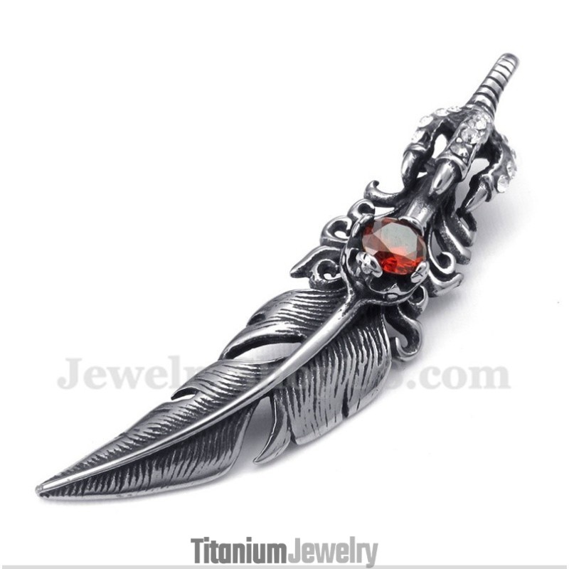 תליון נוצה מטיטניום קריסטל אדום לגברים עם שרשרת חופשית תליון נוצה מטיטניום קריסטל אדום לגברים עם שרשרת חופשית