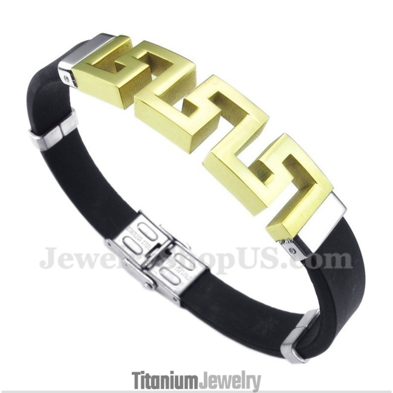 צמיד טיטניום גומי זהב לגברים עם דוגמת פיתול יוונית