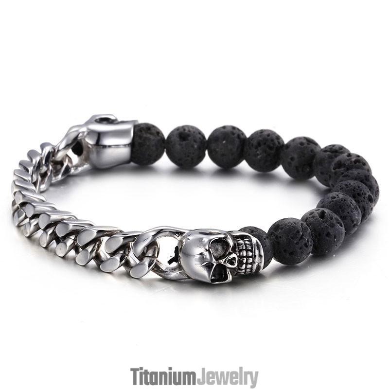צמיד טיטניום עם חרוזי גולגולת בודהה ואבן וולקנית