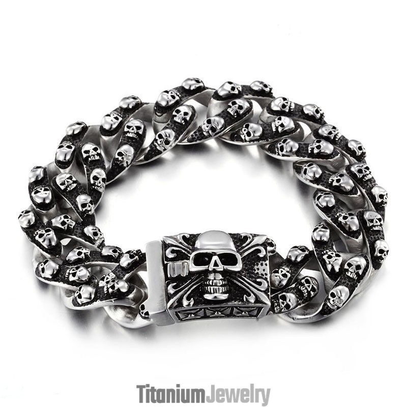 צמיד טיטניום לגברים בסגנון רטרו גולגולת מגניב עם ראש רפאים בסגנון רוק שיק, אביזרים לגברים של גאות ושפל