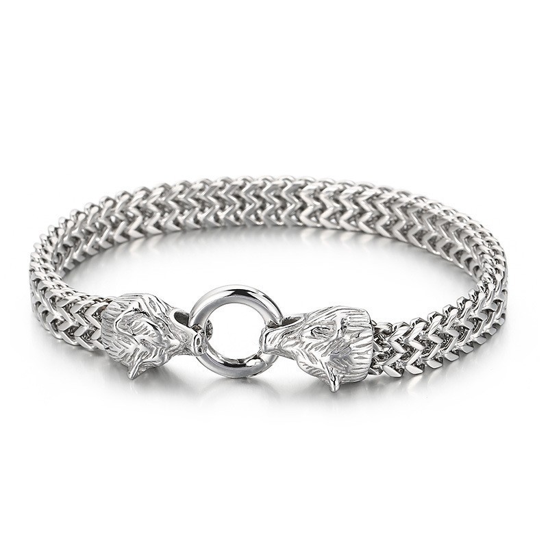 צמיד טיטניום כפול בסגנון היפ-הופ בסגנון רוק ואופנתי עם ראש זאב