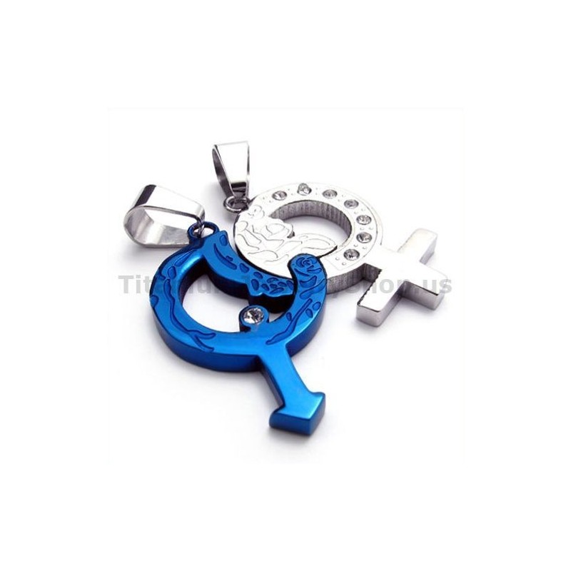 תליוני אוהבים מטיטניום בצבע כחול עם שרשראות ללא יהלומים