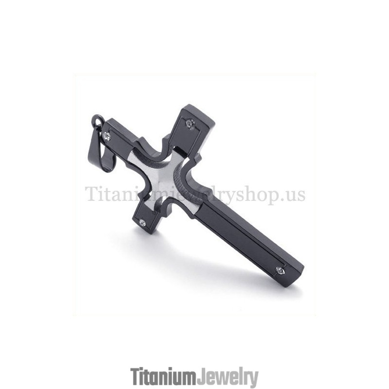 תליון צלב טיטניום שחור משובץ בכסף קטן