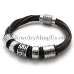 צמיד עור חום וטיטניום אופנתי