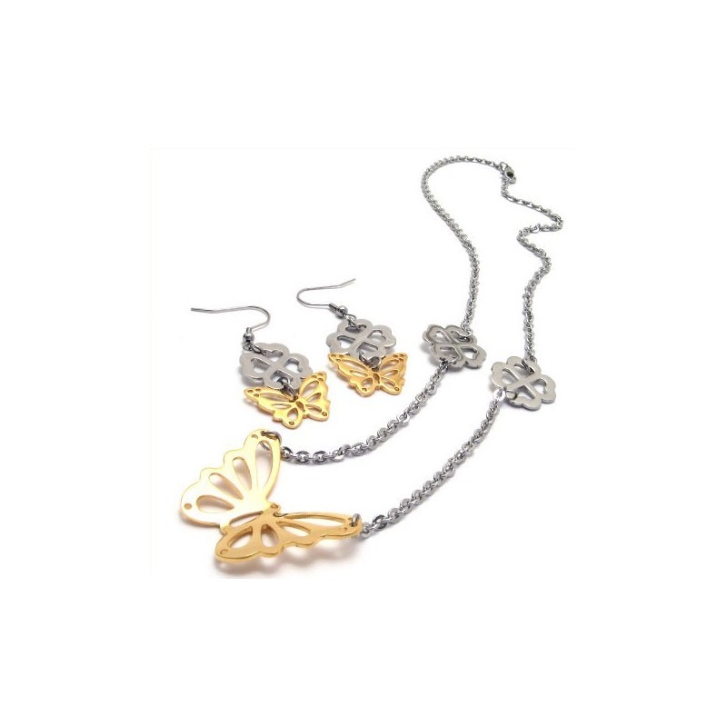 סט תכשיטי טיטניום איכותי מעובד בצבעים משובצים, כולל שרשרת, תליון ועגיל