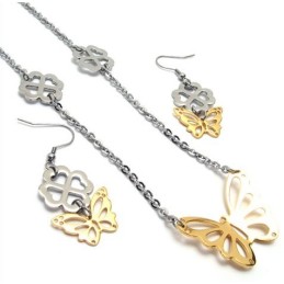 סט תכשיטי טיטניום איכותי מעובד בצבעים משובצים, כולל שרשרת, תליון ועגיל